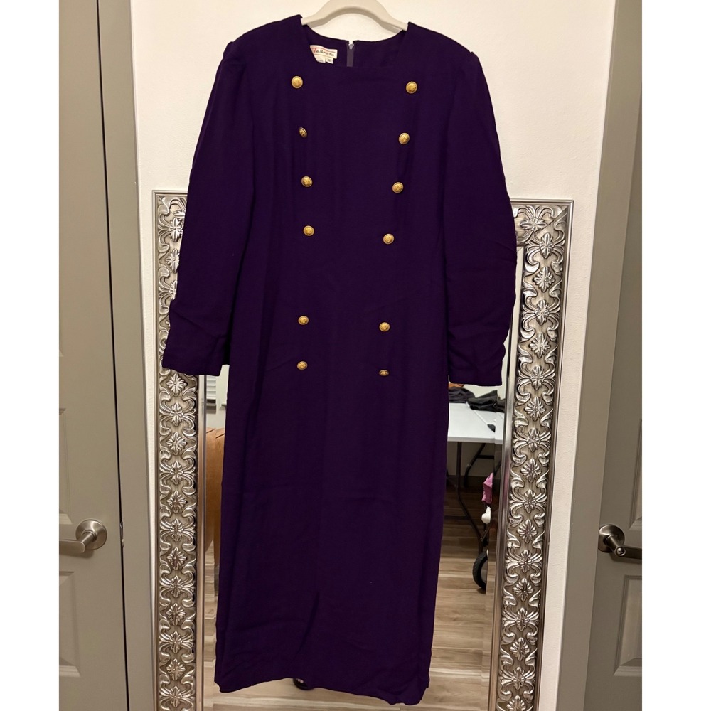 Vintage Talbots Purple Wool Military Button Midi Dress USA Made Sz 12 g5